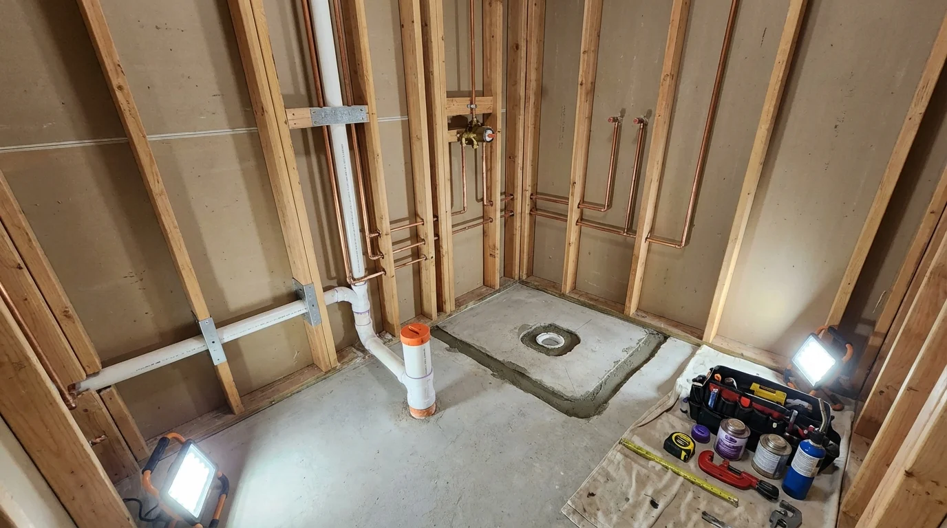 Bathroom rough-in plumbing during remodel by Johns Plumbing LLC in Old Town