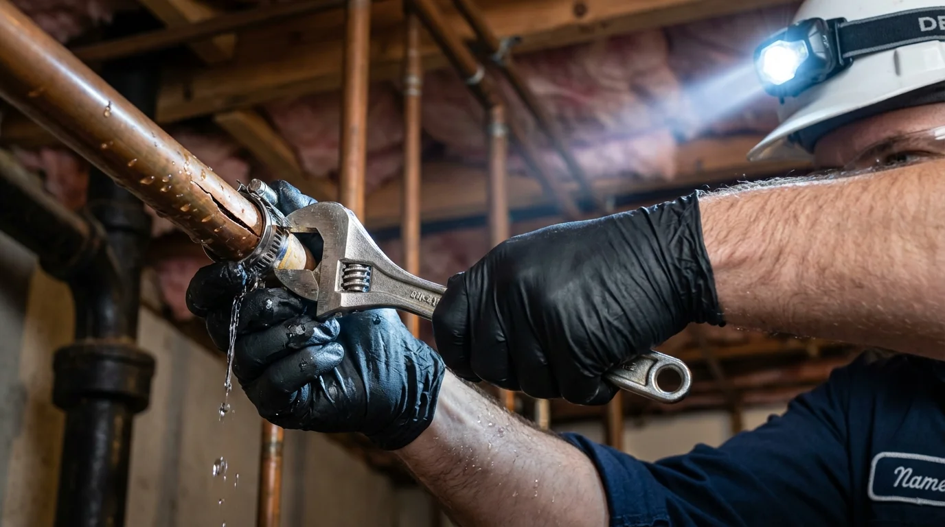 Emergency pipe clamp repair being performed by a Johns Plumbing LLC plumber in Old Town