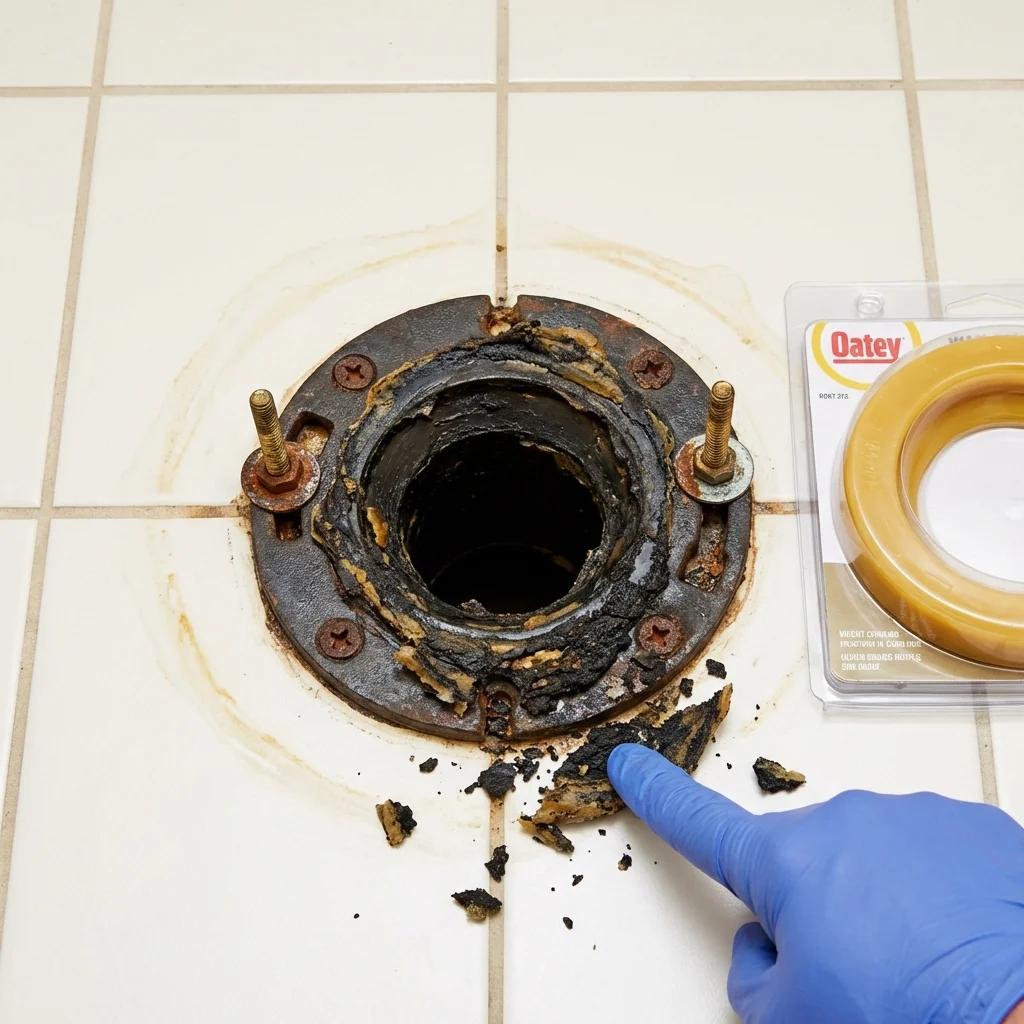 Failed wax ring showing water seepage at the base of a toilet in a Old Town, ME home