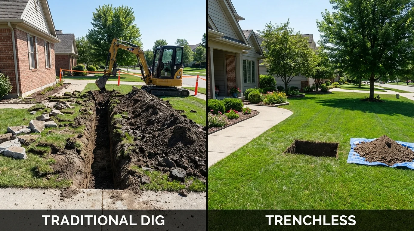 Trenchless sewer repair with minimal yard damage versus traditional excavation in Old Town, ME