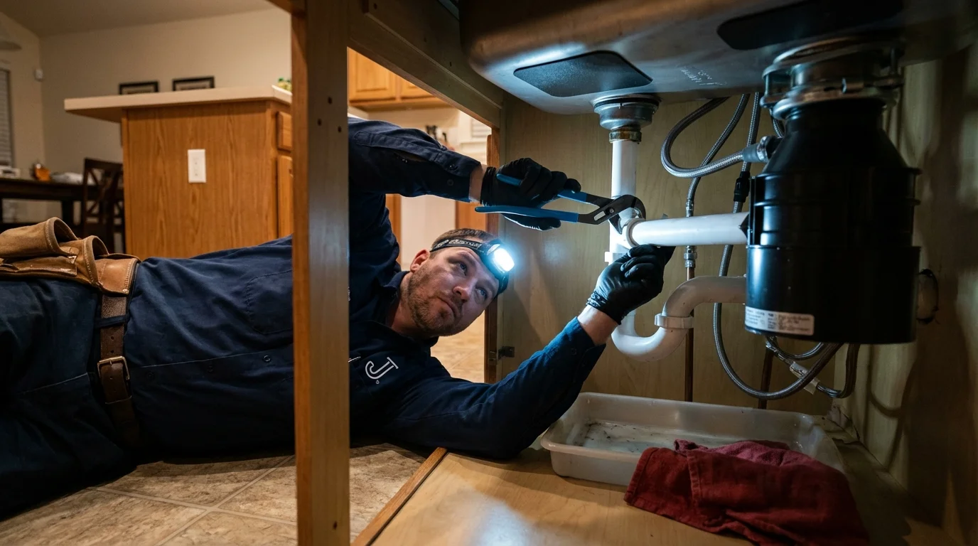 P-trap and supply line connections under a kitchen sink showing a common leak point in Old Town, ME